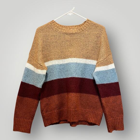HYFVE Sweater Women’s Size Small Colorblock Crewneck Pullover Tan Rust Burgundy - Picture 1 of 7